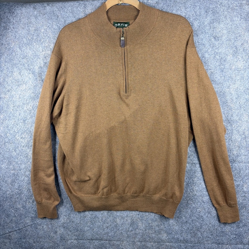 Orvis 1/4 Zip Pullover Men's LG Cotton Silk Cashmere blend Tobacco Brown